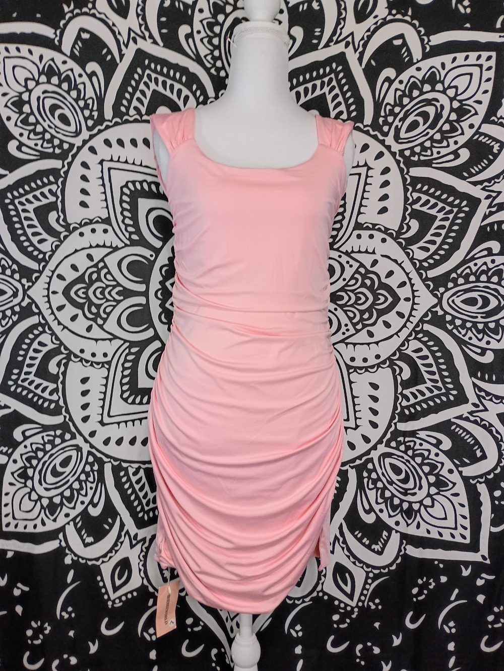 Ruched Light Pink Mini Dress with Square Neck